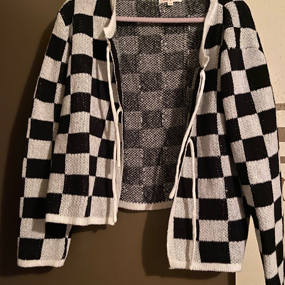 Checkerboard Open Front Knit Cardigan Sweater - Black & White